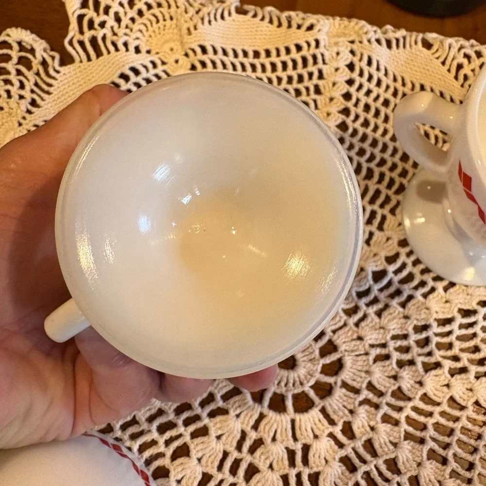 Vintage Shenango China cup and saucer set with a red diamond pattern